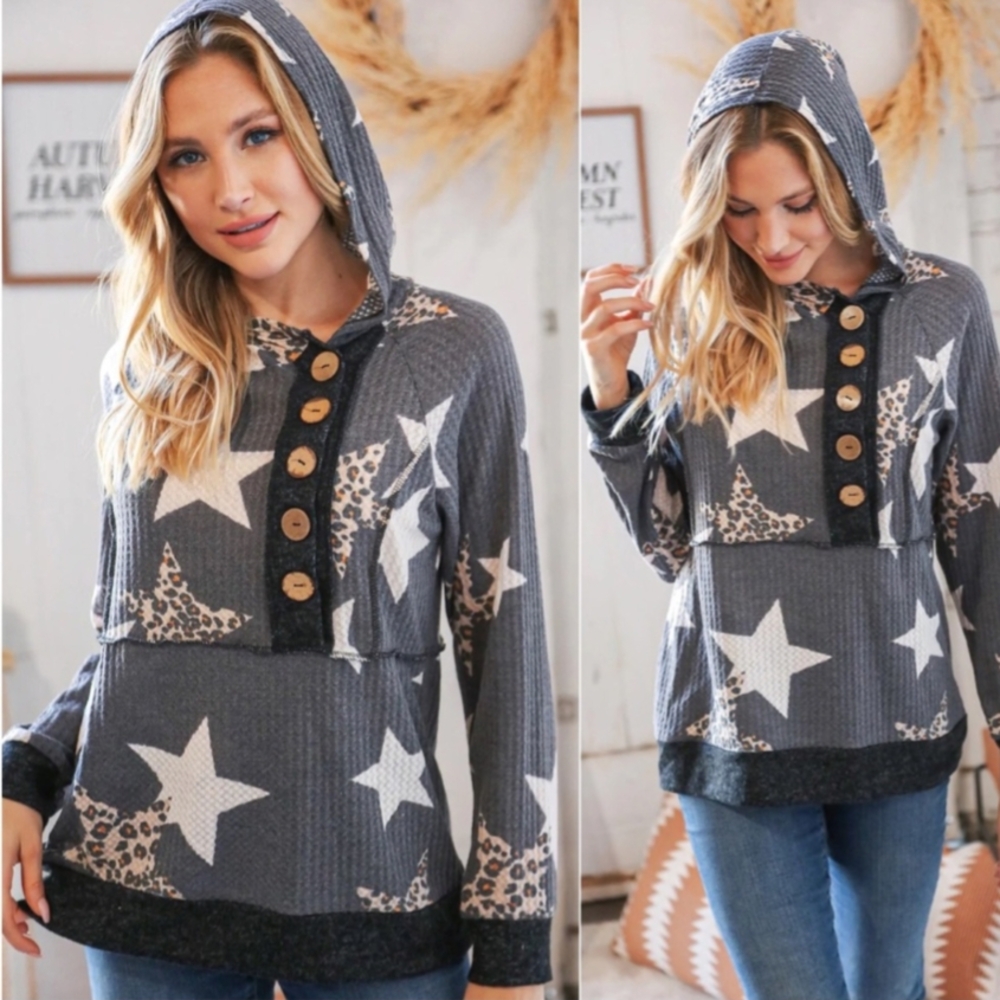 Women's Star & People Print Hoodie - Gray